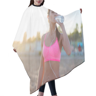 Personality  Beautiful Fitness Athlete Woman Resting Drinking Water After Work Out Exercising On Beach Summer Evening In Sunny Sunshine Outdoor Portrait Hair Cutting Cape