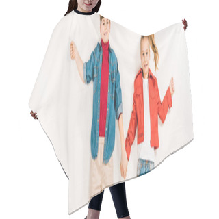 Personality  Panoramic Shot Of Cheerful Kids Holding Hands And Smiling While Lying On White  Hair Cutting Cape