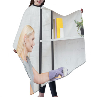 Personality  Mature Woman In Gloves Cleaning Rack From Dust Hair Cutting Cape