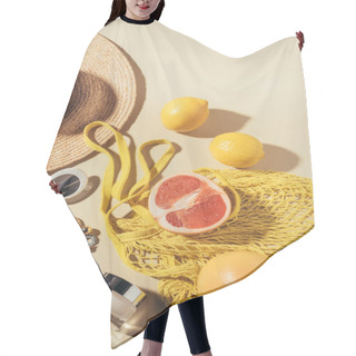 Personality  Top View Of Wicker Hat, Sunglasses, Earrings, Cream And String Bag With Fruits Hair Cutting Cape