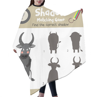 Personality  Shadow Matching Game Of Standing Buffalo Animals For Preschool Kids Activity Worksheet Colorful Version. Vector Illustration. Hair Cutting Cape