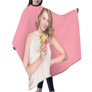 Personality  Beautiful Happy Girl Holding Wafer Cone With Flowers And Smiling At Camera Isolated On Pink  Hair Cutting Cape