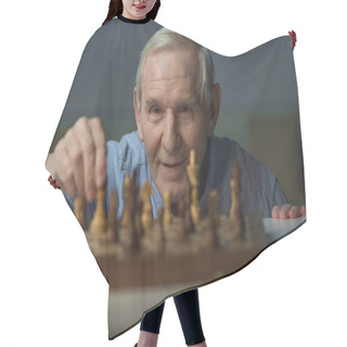Personality  Senior Smiling Man Playing Chess Board Game Hair Cutting Cape