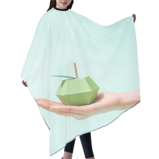 Personality  Cropped View Of Young Woman Holding Handmade Paper Apple On Turquoise With Copy Space Hair Cutting Cape