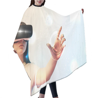 Personality  Young Woman In Vr Headset Holding Circle Illustration On Beige And Blue Background Hair Cutting Cape