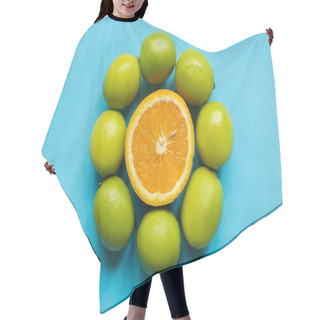 Personality  Top View Of Ripe Orange And Limes Arranged In Circle On Blue Background Hair Cutting Cape
