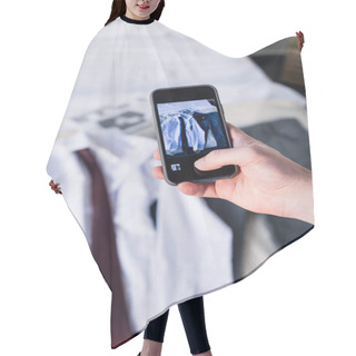 Personality  Partial View Of Man Taking Photo Of Suite On Bedding With Smartphone Hair Cutting Cape