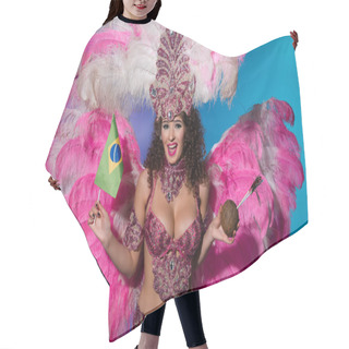 Personality  Cheerful Woman In Carnival Costume With Pink Feathers Holding Coconut And Brasil Flag Isolated On Blue Background Hair Cutting Cape