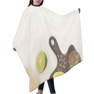 Personality  Top View Of Golden Tequila With Lime, Chili Pepper, Salt On Wooden Cutting Board On White Marble Surface Hair Cutting Cape