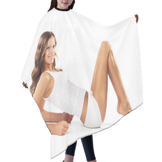 Personality  Beautiful Woman In White Cotton Underwear Hair Cutting Cape