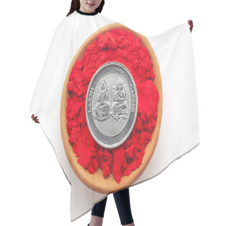 Personality  Top-down View Of An Earthen Pot Filled With Red-colored Sindoor. A Silver Coin Engraved With Hindu Deities Ganesha And Laxmi. Isolated On A White Background. Hair Cutting Cape