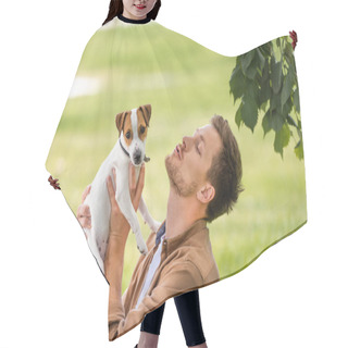 Personality  Young Man Holding White Jack Russell Terrier Dog With Brown Spots On Head Near Tree Branch Hair Cutting Cape