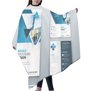 Personality  Bifold Brochure Design. Blue Template For Bi Fold Flyer. Layout With Modern Triangle Photo And Abstract Background. Creative Concept Folded Flyer Or Brochure. Hair Cutting Cape