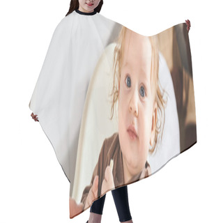 Personality  Toddler Boy Looking At Camera Near Mother During Breakfast In Cozy Nursery Room, Horizontal Banner Hair Cutting Cape
