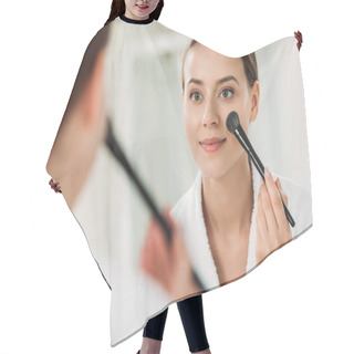 Personality  Smiling Young Woman Looking At Mirror And Applying Makeup In Bathroom Hair Cutting Cape