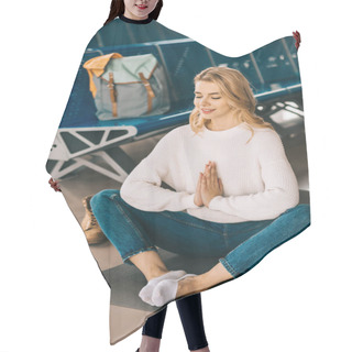 Personality  Smiling Young Woman Meditating In Lotus Position While Waiting Flight In Airport Terminal Hair Cutting Cape
