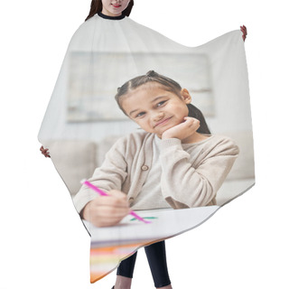 Personality  Portrait Of Cute Elementary Age Girl Drawing With Color Pencil On Paper In Modern Apartment Hair Cutting Cape