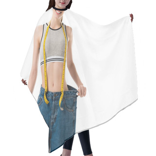 Personality  Smiling Slim Woman With Measuring Tape In Oversized Jeans Isolated On White Hair Cutting Cape