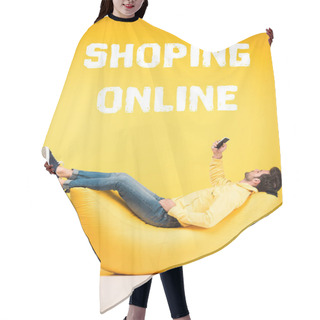 Personality  Man Relaxing On Bean Bag Chair And Using Smartphone On Yellow Background With Shopping Online Illustration Hair Cutting Cape