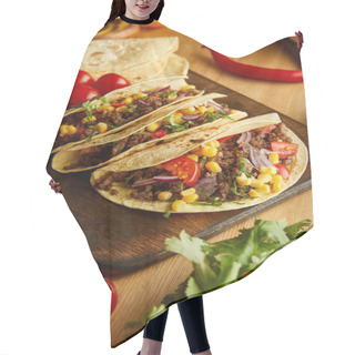 Personality  Delicious Tacos With Ripe Vegetables And Greenery On Wooden Table Hair Cutting Cape