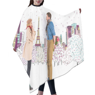 Personality  Surprised Woman Looking At Man With Bouquet Of Flowers Behind Back On Paris Illustration On Background Hair Cutting Cape