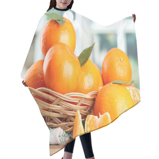 Personality  Tangerines With Leaves In A Beautiful Basket, On Wooden Table On Window Background Hair Cutting Cape