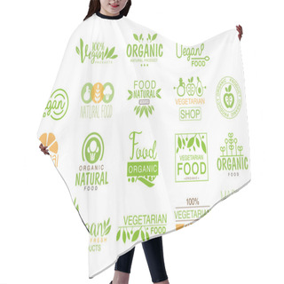 Personality  Vegan Natural Food Set Of Template Cafe Logo Signs In Green, Orange Colors Promoting Healthy Lifestyle And Eco Products Hair Cutting Cape