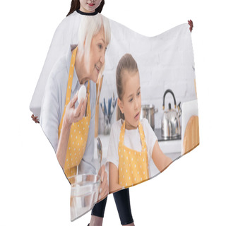 Personality  Smiling Elderly Woman Holding Spoon And Egg Near Child Using Digital Tablet, Banner  Hair Cutting Cape