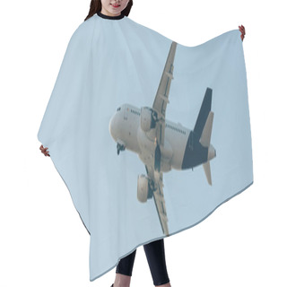 Personality  Flight Departure Of Airplane In Blue Sky, Panoramic Shot  Hair Cutting Cape