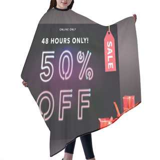 Personality  Placard With Online Only, 48 Hours Only, 50 Percent Off Lettering And Sale Tag Near Presents On Dark Background Hair Cutting Cape