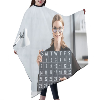 Personality  Beautiful Businesswoman In Black Clothes And Glasses Holding Calendar And Smiling At Camera Hair Cutting Cape