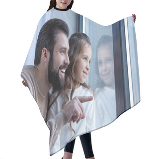 Personality  Happy Father Pointing On Something And Looking Away Hair Cutting Cape
