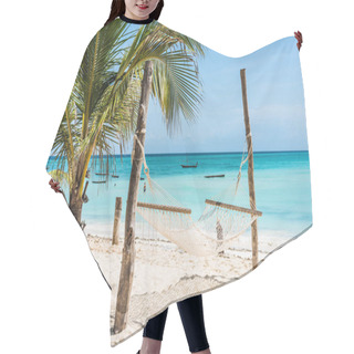 Personality  Palm And Hammock On Zanzibar Beach With Blue Sky And Ocean On The Background Hair Cutting Cape