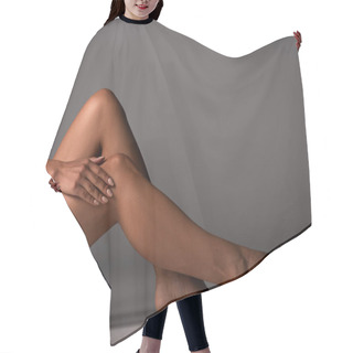 Personality  Partial View Of Sexy Barefoot Young Woman Sitting On Grey Hair Cutting Cape