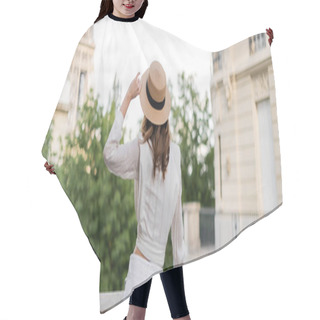 Personality  Back View Of Young Brunette Woman Holding Sun Hat While Looking At Eiffel Tower In Paris, Banner  Hair Cutting Cape