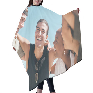 Personality  Friends, Huddle Or Diversity In Solidarity, Community Support Or Bonding By Travel Beach In Group Social Gathering. Smile, Happy Men Or Women In Circle, Summer Holiday Vacation Or Trust Support Group. Hair Cutting Cape