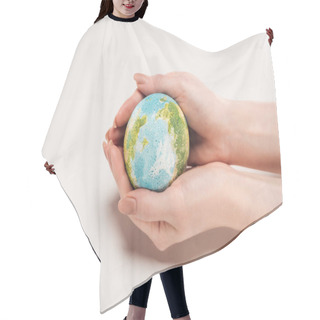 Personality  Cropped View Of Woman Holding Earth Model On White Background, Global Warming Concept Hair Cutting Cape