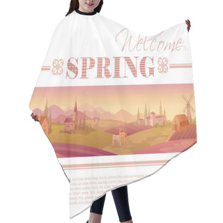 Personality  Idyllic Farming Landscape Flayer Design With Text Logo Welcome Spring And Fields Background. Villa Houses, Chirch, Barn, Mill, Horses And Country Roads. Four Seasons Year Calendar Collection. Hair Cutting Cape