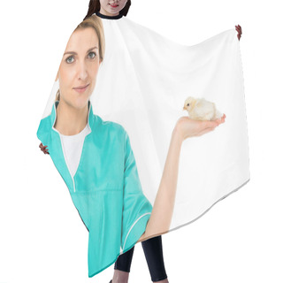 Personality  Portrait Of Veterinarian With Cute Little Chick On Palm Isolated On White Hair Cutting Cape
