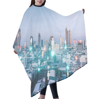 Personality  Hologram Of Social Media Icons Over Sunset Panoramic Cityscape Of Bangkok, Asia. The Concept Of People Connections. Multi Exposure. Hair Cutting Cape