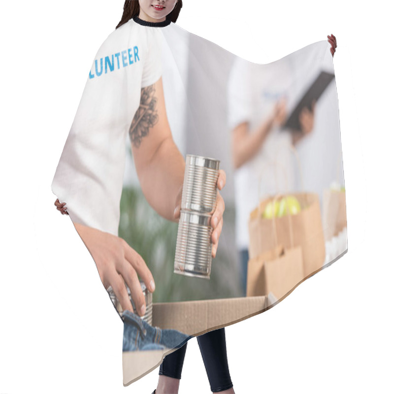 Personality  Cropped View Of Volunteer Putting Tin Cans In Carton Box  Hair Cutting Cape