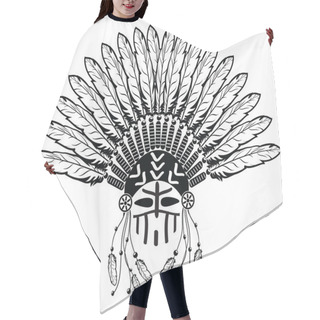 Personality  Aztec, Ethnic Style Headdress With Plain Feathers, Beads Symbolizing Native American Tribes And Warrior Culture In Black And White With Decorative Ornaments And Warrior Make Up  Hair Cutting Cape