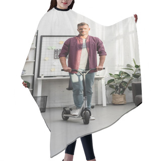 Personality  Smiling Man Riding Scooter At Home Office Hair Cutting Cape