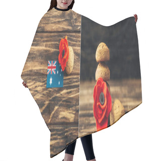 Personality  Collage Of Australian Flag Near Artificial Flowers And Cookies On Wooden Surface  Hair Cutting Cape