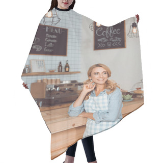 Personality  Beautiful Cafe Owner In Apron Hair Cutting Cape