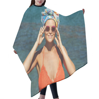 Personality  Woman In Orange Knitted Bikini, Wearing Sunglasses And Headscarf On The Beach Hair Cutting Cape