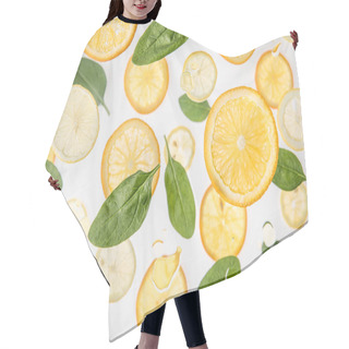 Personality  Fresh Orange And Lemon Slices With Green Spinach Leaves On Grey Background Hair Cutting Cape