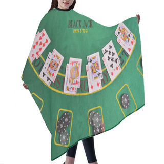 Personality  Poker Chips On A Poker Table At The Casino. Hair Cutting Cape