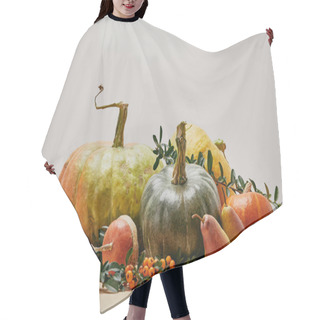 Personality  Autumnal Decor With Pumpkins, Tasty Pears And Pyracantha Berries On Table Hair Cutting Cape