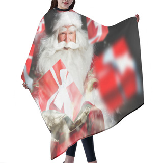Personality  Santa Claus Holding His Bag And Smiling. Gift Boxes Are Flying F Hair Cutting Cape
